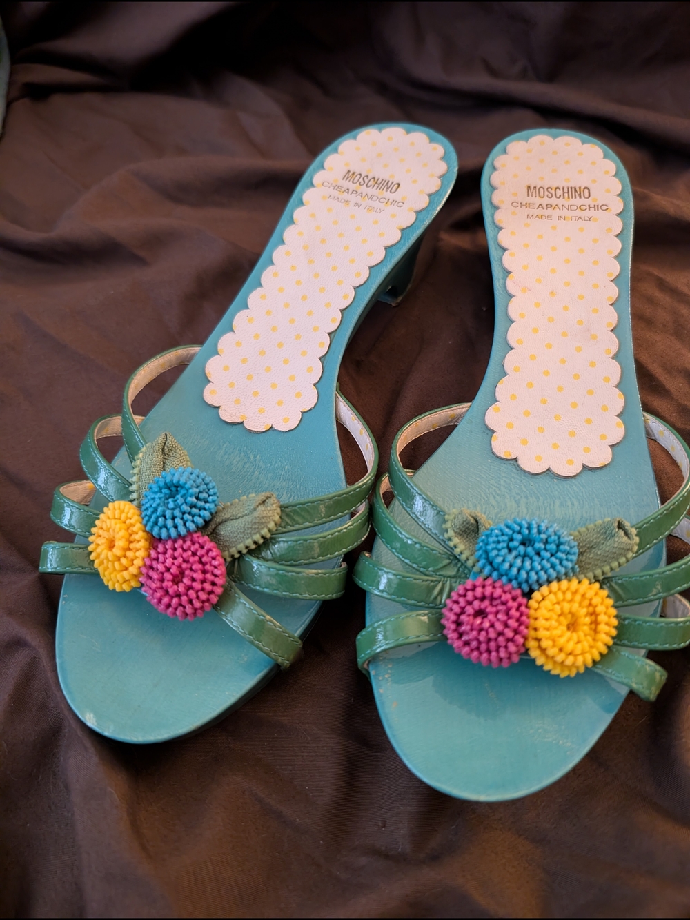 Moschino Teal Leather Slide Floral Sandals